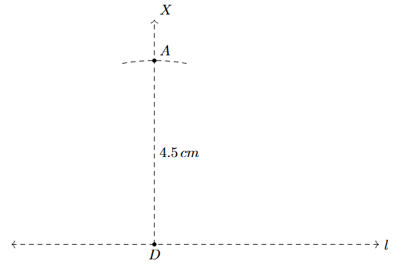Step 3: A point A is marked on ray DX such that AD = 4.5 cm.